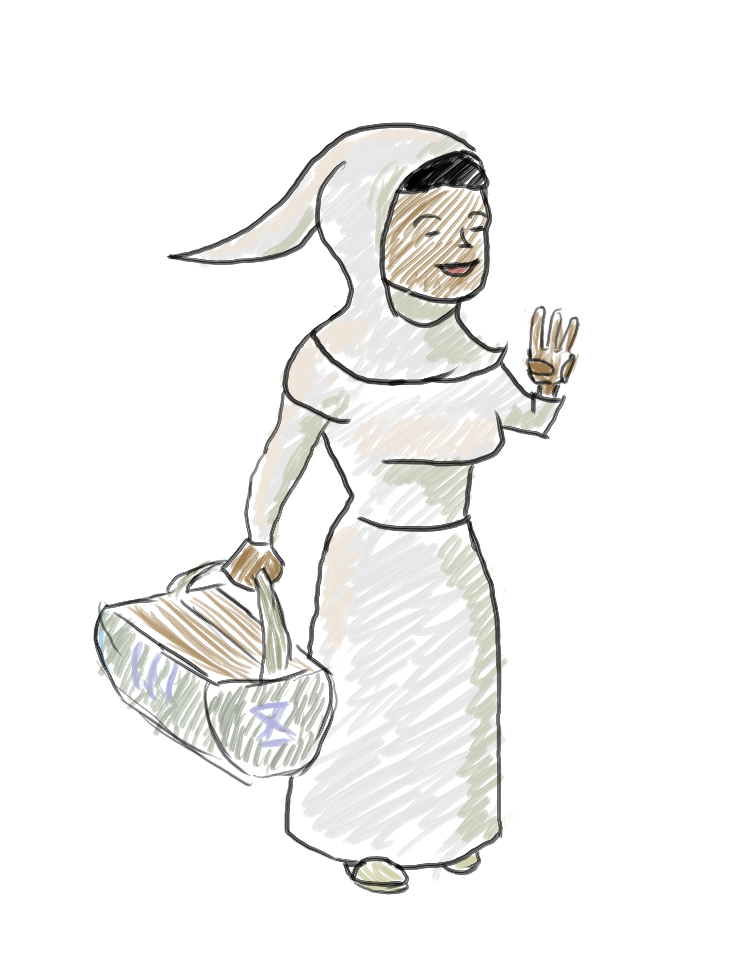 A woman in white robes with a basket. Her hand is raised in an expression of blessing.