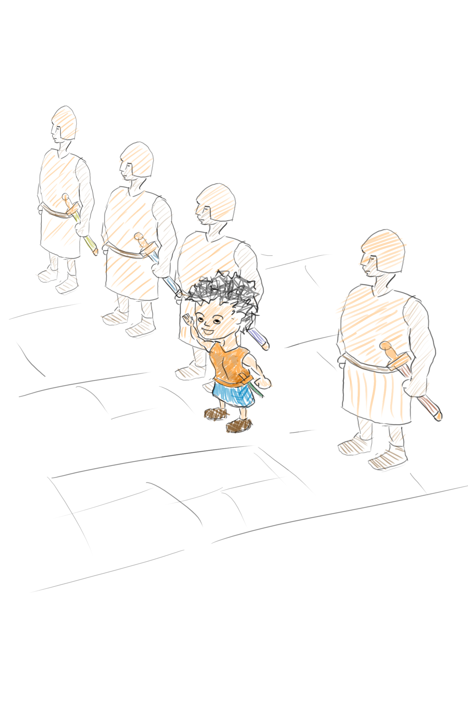 A small, scruffy-haired warrior stepping forward out of line to put her hand up and volunteer.