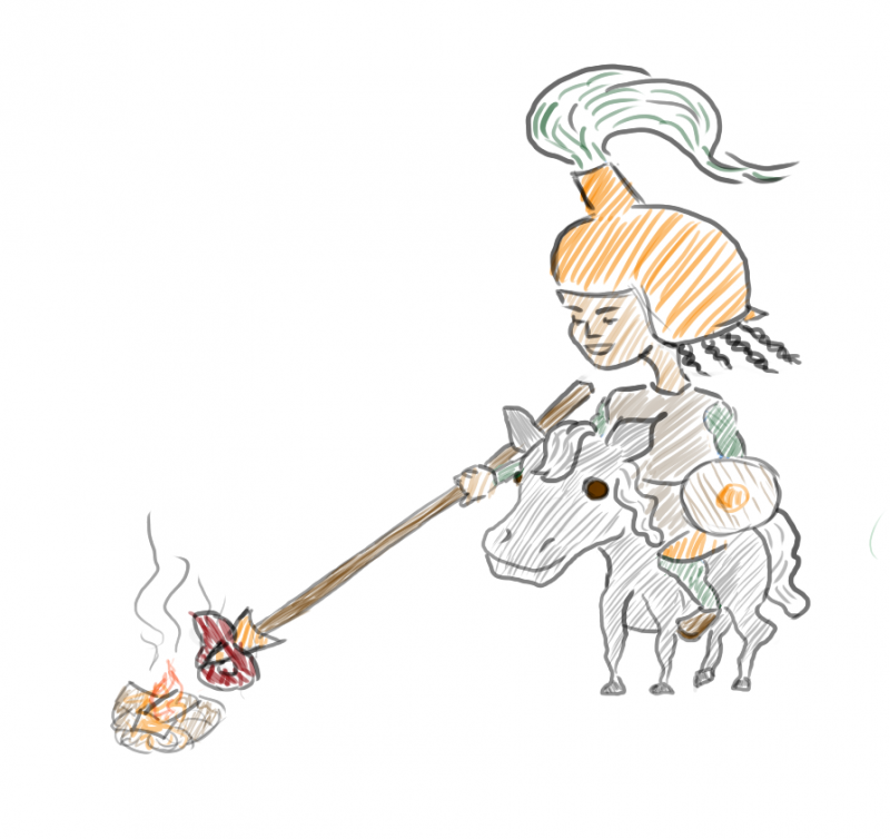 A cartoon of a woman on horseback, roasting some meat on a lance by holding it over a fire.