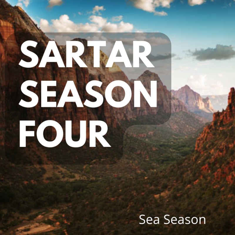 A valley of trees with overlaying text saying 'Sartar Season Four'