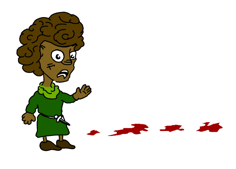 A brown-haired, brown-skinned man looks horrified at a trail of blood. The style is very cartoony.
